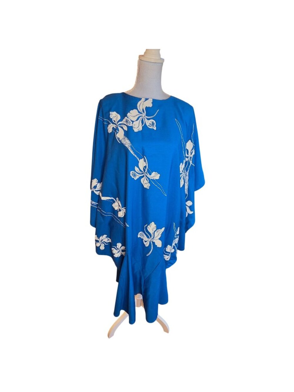 Vintage Hans Jutte Hawaii Blue Floral Muumuu Angel Sleeve Caftan Dress Aloha OS
